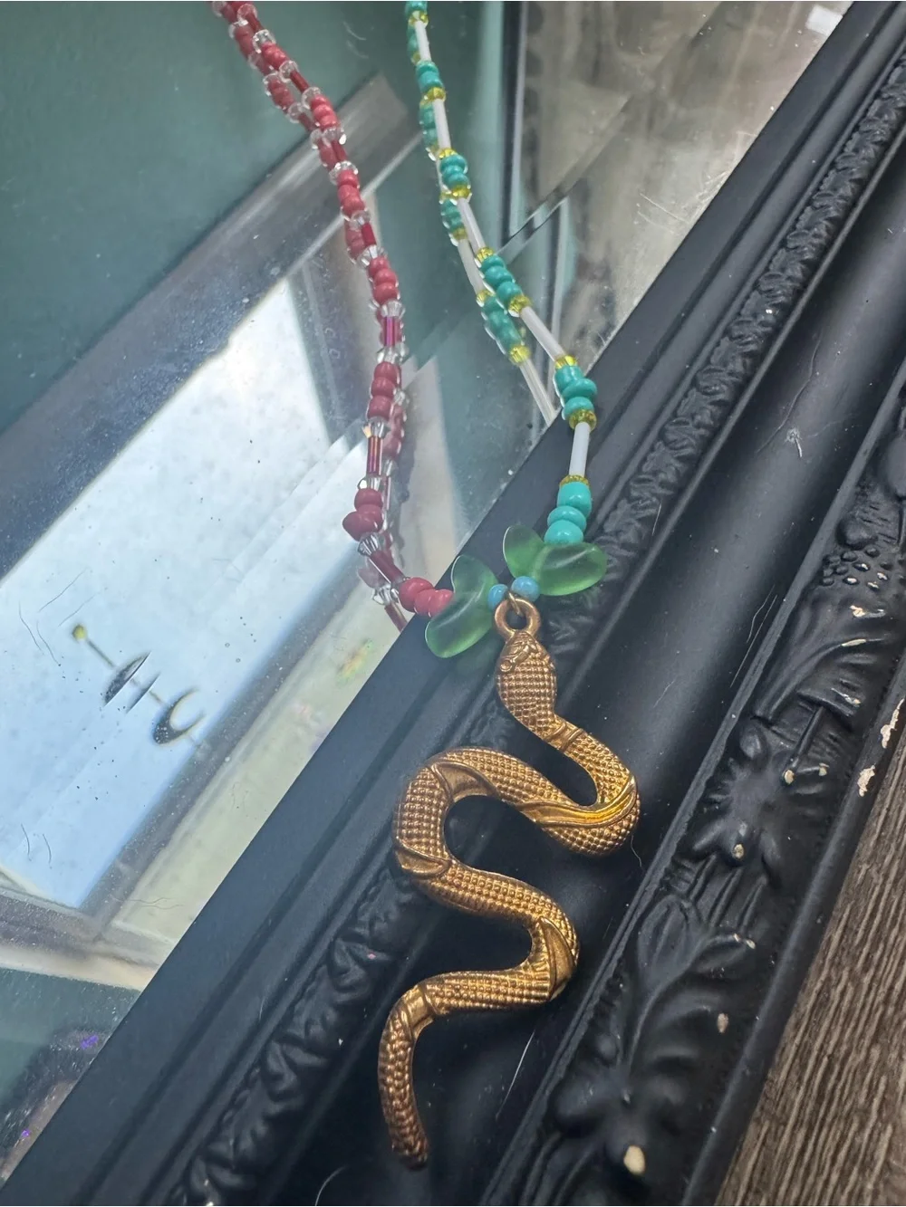 Gold Snake Pendant Beaded Necklace with Pink and Teal Accents